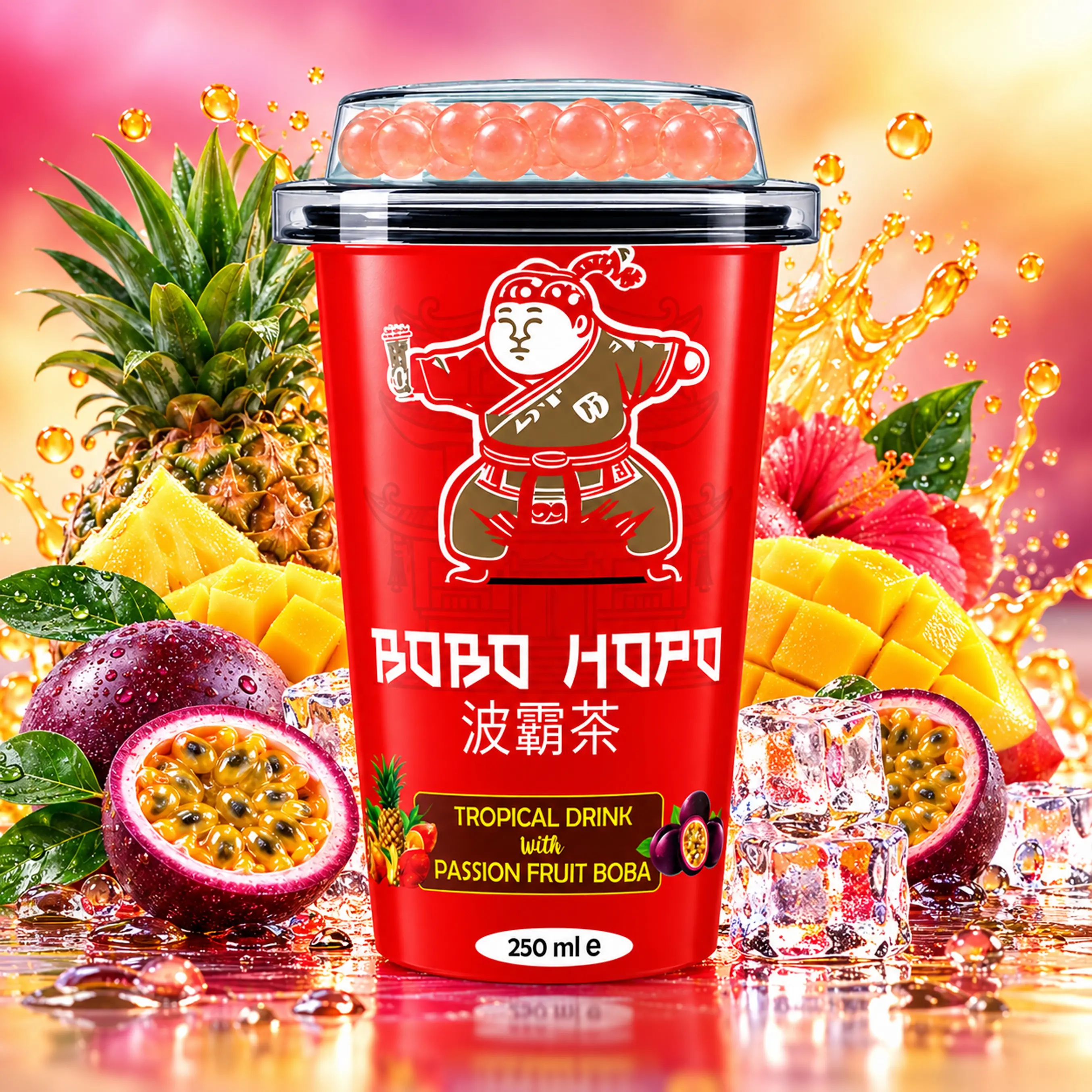 Bobo Hopo Tropical Drink with Passion Fruit Boba 250 ml cup with tropical fruits, ice, and boba pearls.